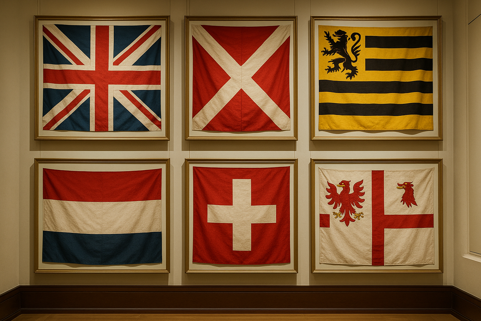 A display of historic flags with bold geometric patterns and vibrant colors, showcased like artifacts in a museum setting
