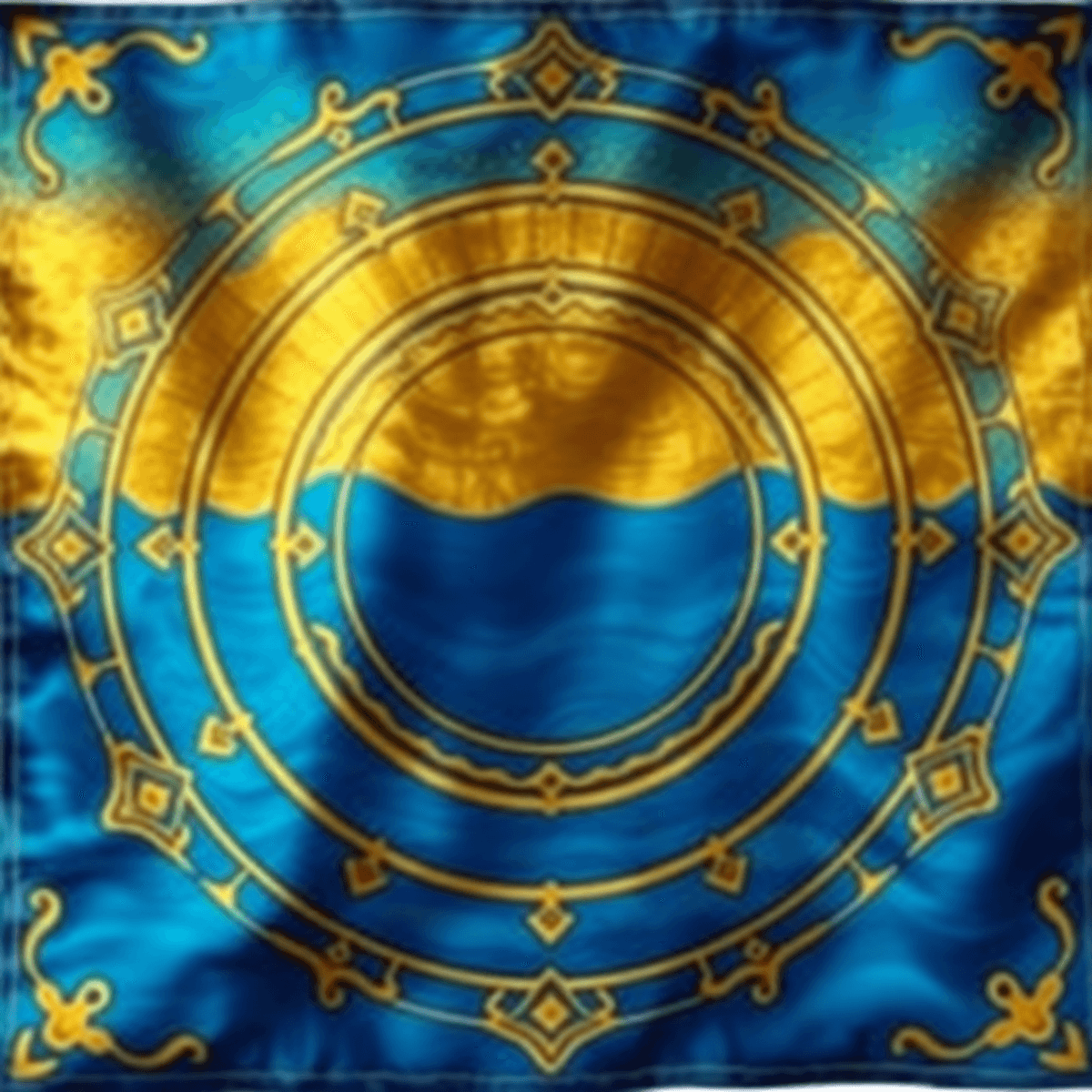 A realistic flag with concentric circles and ocean motifs in deep blues and shimmering golds