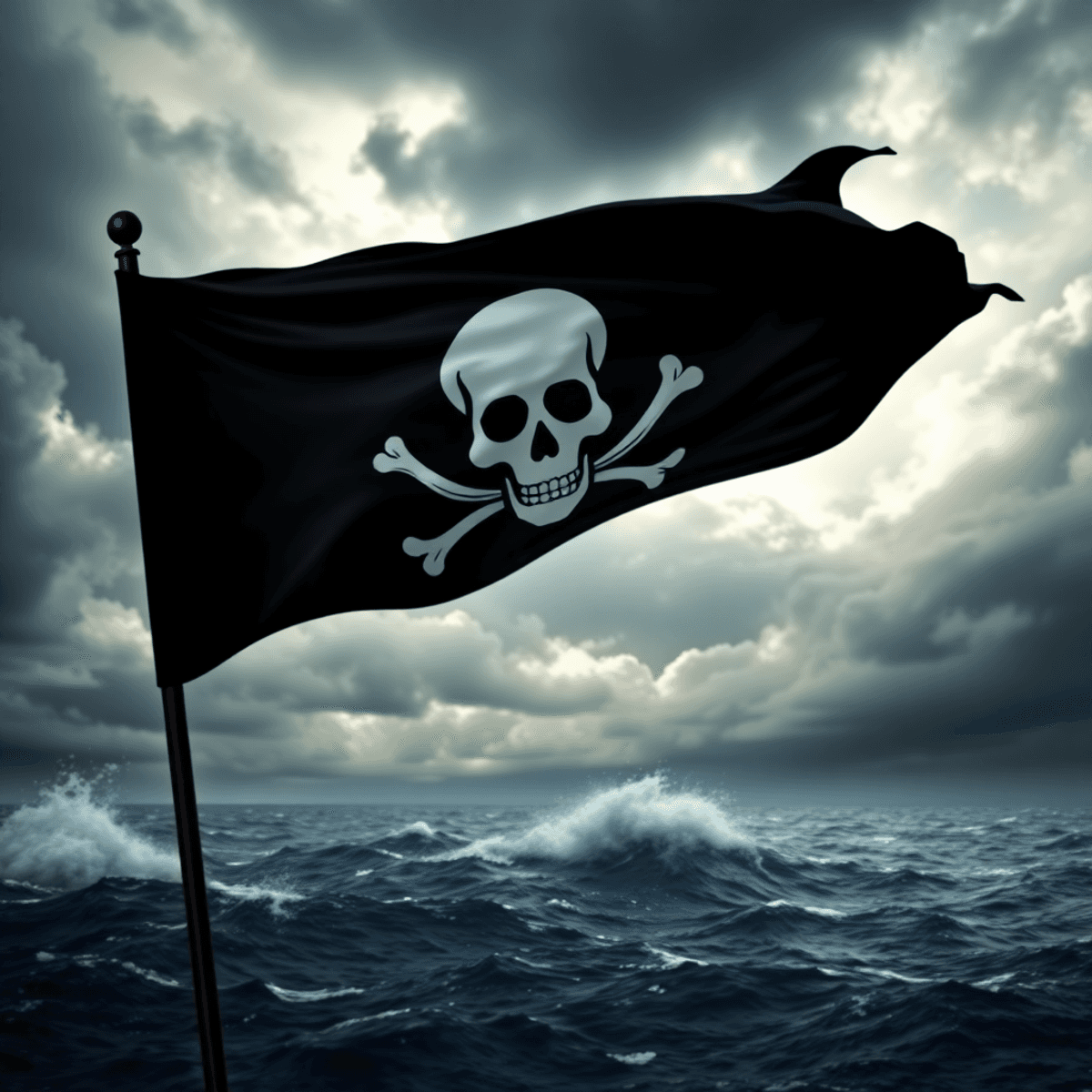 A realistic pirate flag with a white skull and crossbones on black