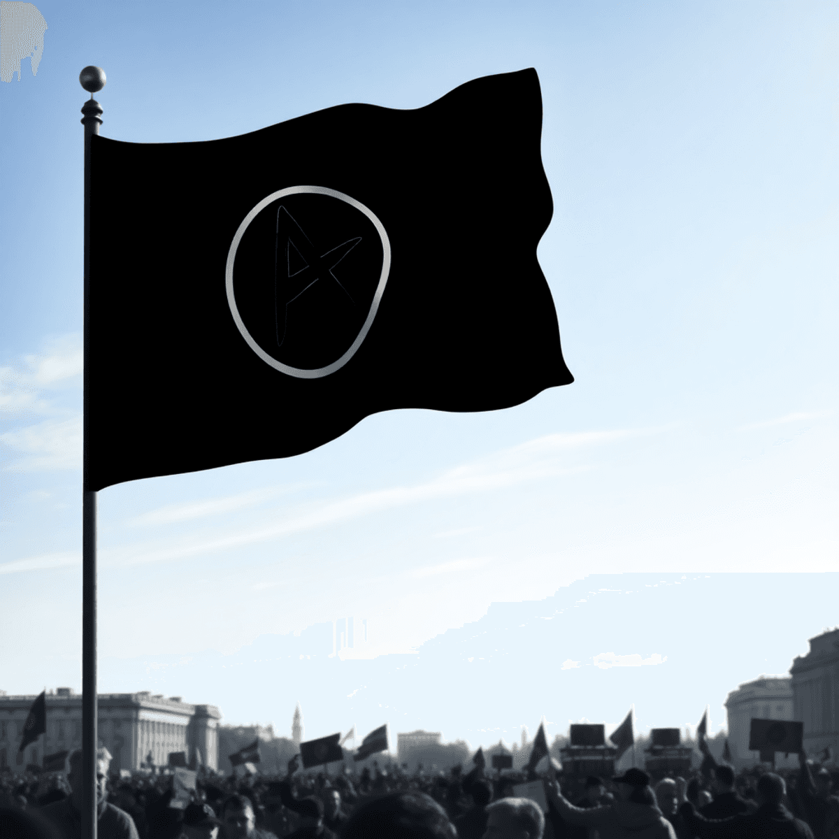 A solid black flag waving against a clear sky