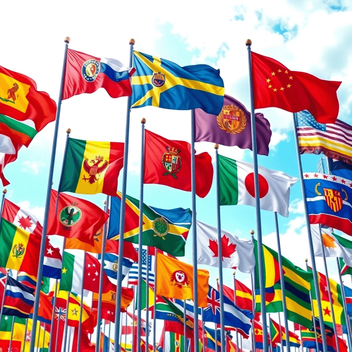 A vibrant collage of colorful fictional and mythical flags