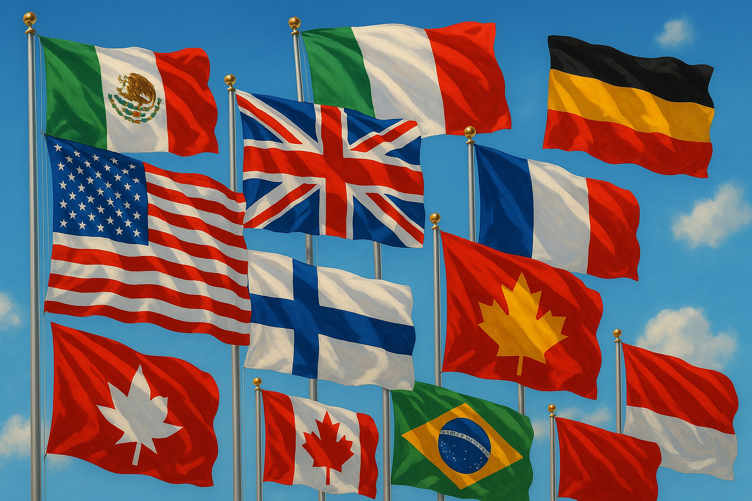 A vibrant collage of fluttering national and historical flags
