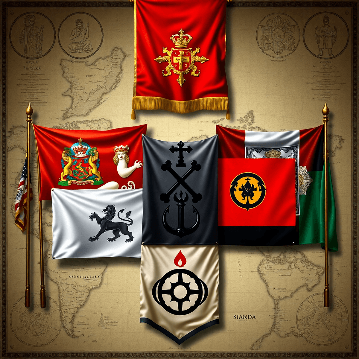 Collage of historical theocratic flags with religious symbols over ancient maps