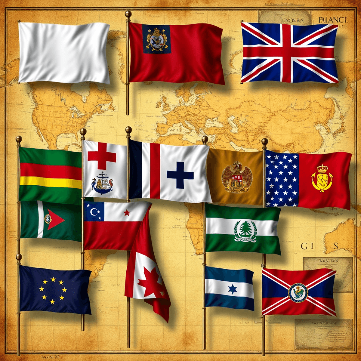 Historic colonial and maritime flags displayed over a vintage world map