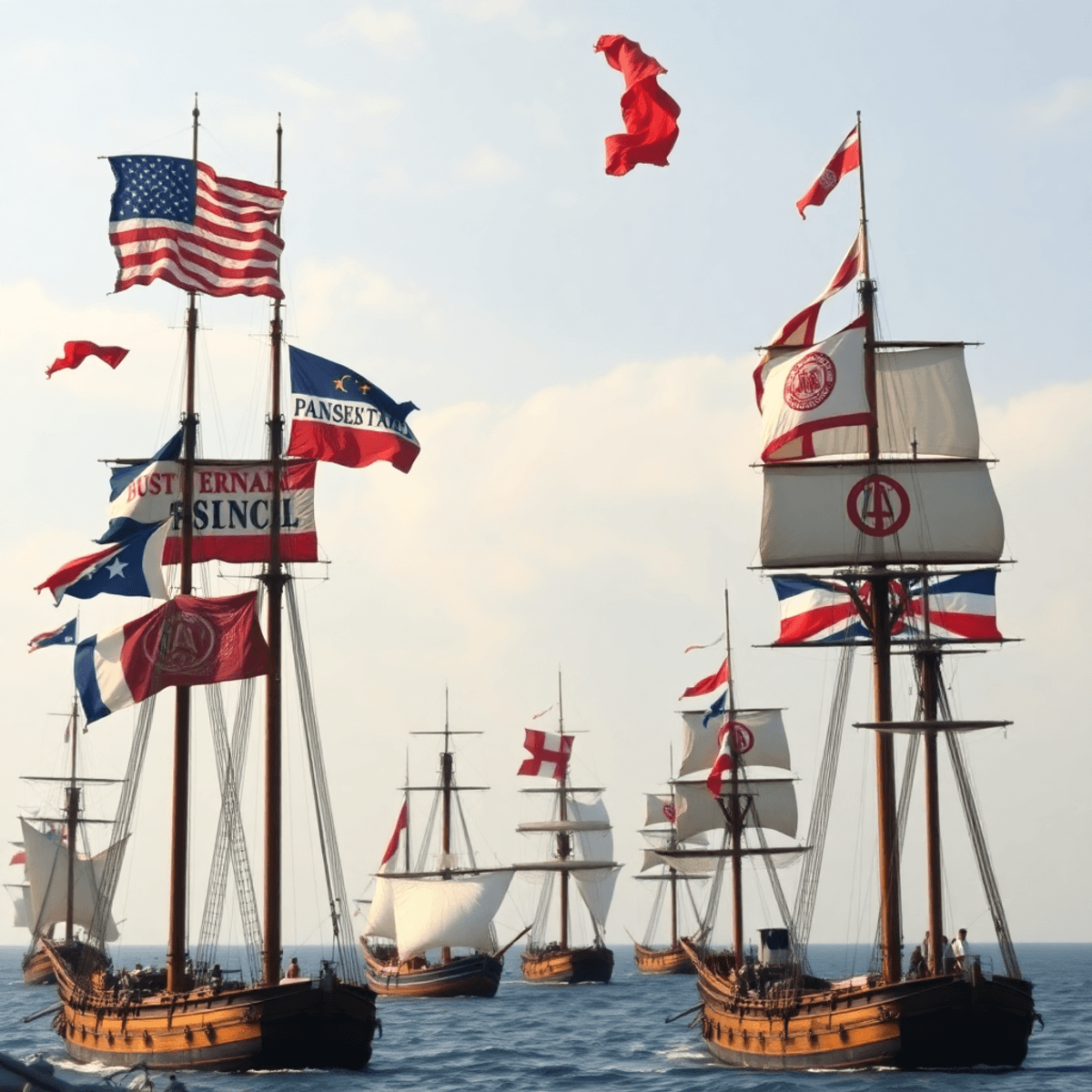 Historic trading company flags flutter on wooden masts with old sailing ships in the ocean