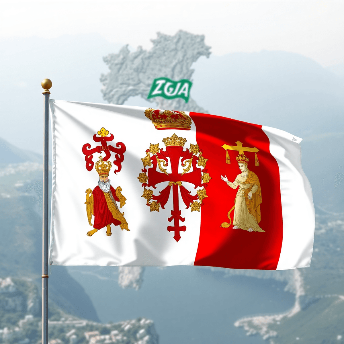 Historical Papal States flag with red, gold, white colors and religious symbols