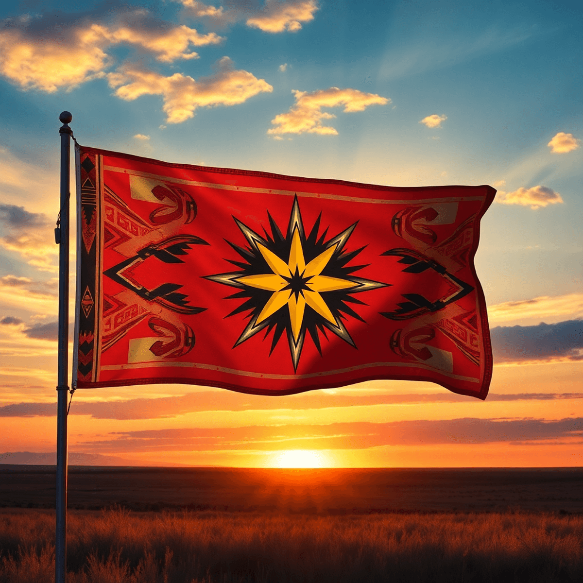 Indigenous flag with Morning Star symbol over Great Plains sunset