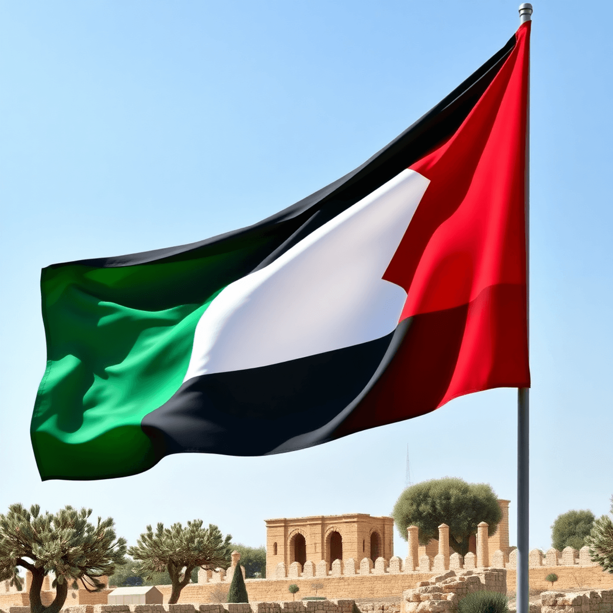 A realistic flag with black, white, and green stripes and a red triangle waving against a clear sky