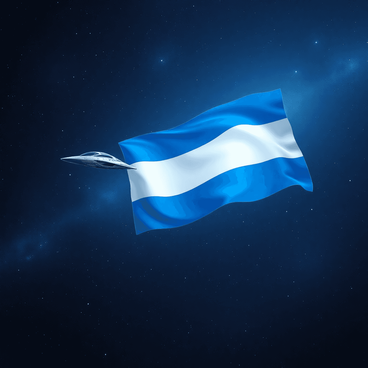 A sleek futuristic spaceship glides through a starry space with a softly waving blue and white flag