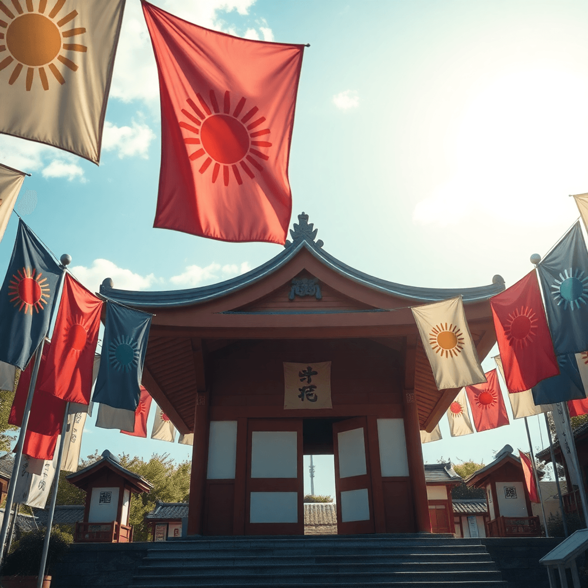 Traditional Japanese Shinto shrine with colorful fluttering flags and sun disc symbols under a bright sky