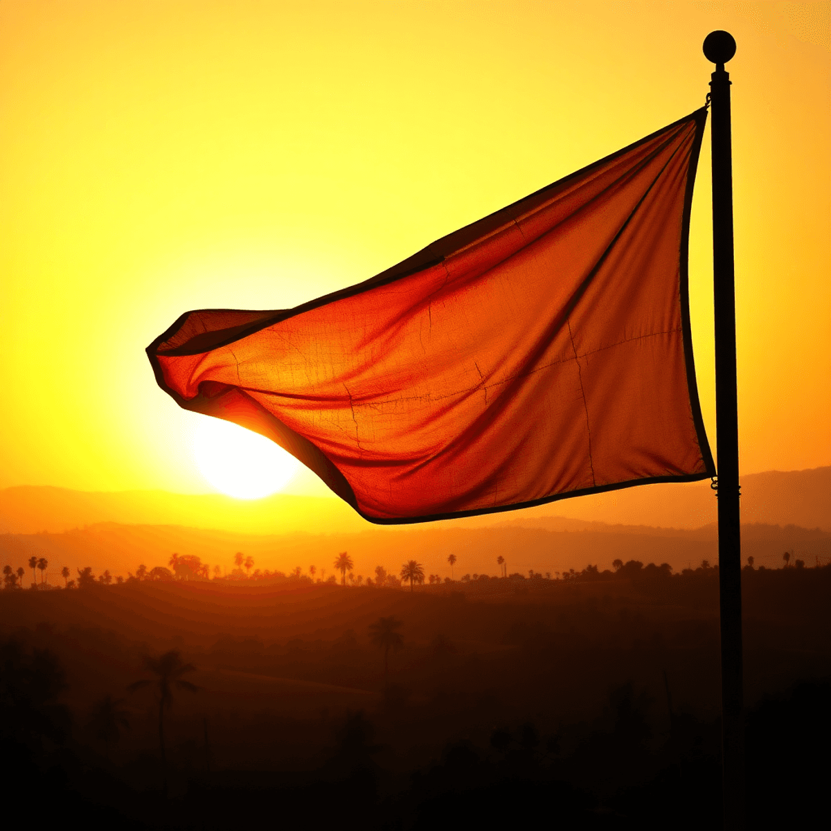 Vintage colonial flagpole with a worn flag waving over an African landscape at sunrise